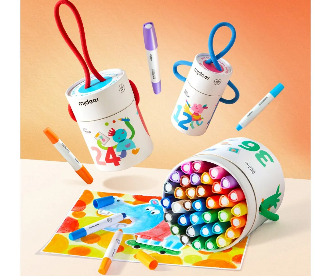 Cubo de 24 Crayones Silky Secado Rápido, Suaves y Lavables