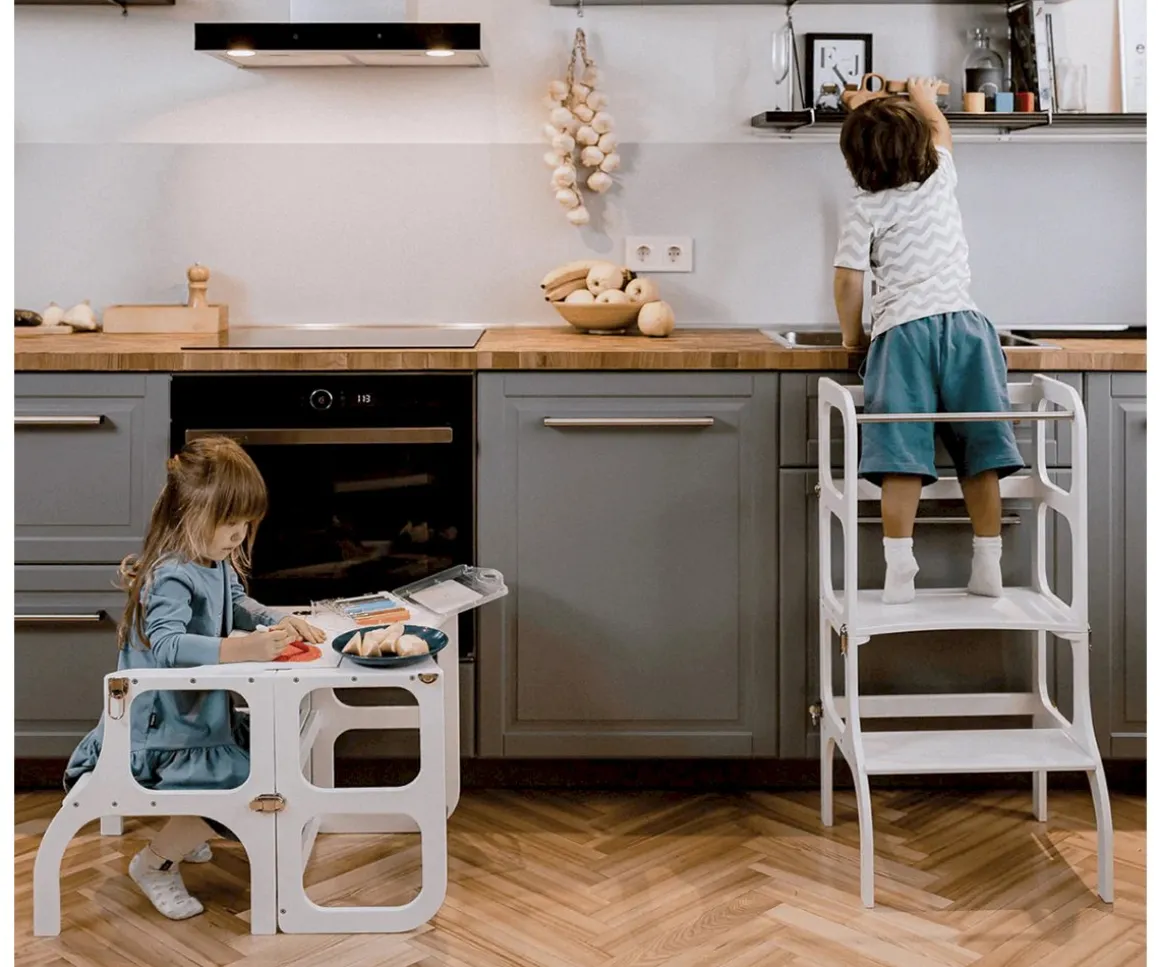 Torre Aprendizaje Montessori Mesa y Silla Blanco/Plateado